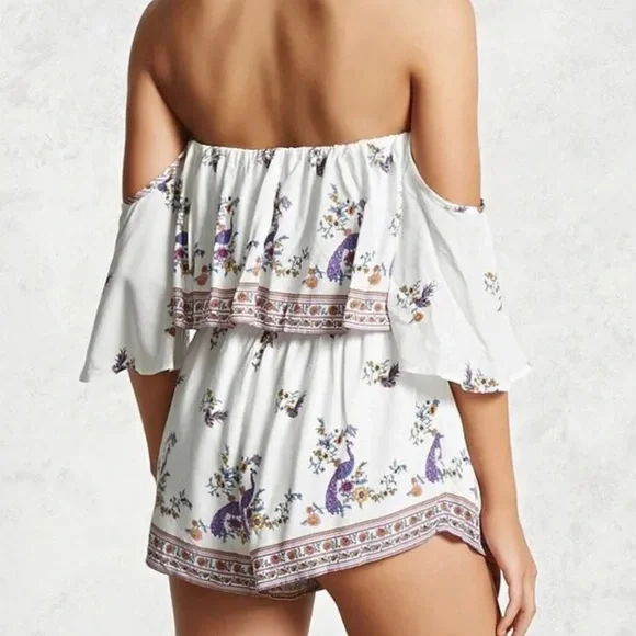 Forever 21 Peacock Print Flounce Romper White Size L - Picture 3 of 8
